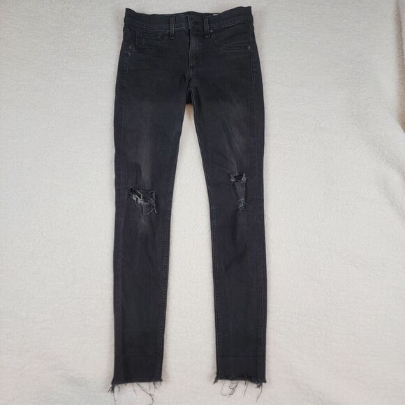 Rag & Bone High Rise Ankle Skinny Jeans Distressed Washed Black Rock w Holes 28 - Picture 1 of 12